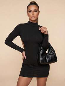 时尚百搭纯色新款 PU 皮革单肩包，休闲简约法棍小钱包，适合女士 - 黑色 - 查看 2