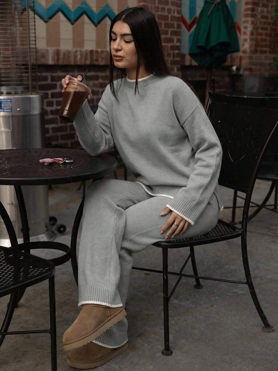 Andrea Bello 女式休闲落肩长袖毛衣和裤子两件套 - 灰色 - 查看 1