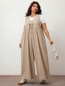 Enliva Jumpsuit Wanita Ukuran Besar dengan Kaki Lebar, Tali Depan dan Saku, Longgar, Cocok untuk Bentuk Tubuh Apel Bulat/2026/Tahun Baru - Khaki - View 5