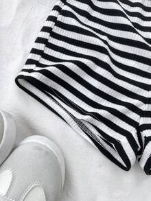 SHEIN 少女休闲条纹针织修身短裤 - 黑與白 - 查看 5