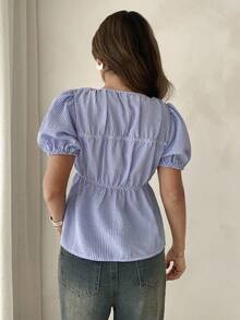 Aloruh Blusa casual versátil de uso diario con pliegues a rayas para mujer, camisa a rayas azul y blanca, apta para Pascua, Carnaval, negocios, oficina, salir, maestros, elegante - Azul y blanco - Ver 4