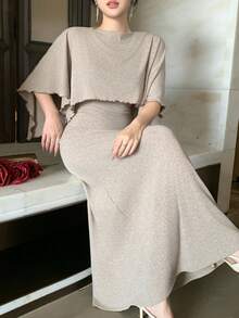 DAZY Taupe Summer Elegant Tea Party 2-Piece Set,Shawl Collar Crop Top T-Shirt & Camisole Dress,Fitted,Wedding,Valentine's Day,Formal Occasion,Office Wear - Camel - View 5
