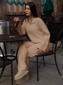 Andrea Bello Women's Solid Color Drop Shoulder Long Sleeve Sweater And Knitted Pants Casual 2 Pieces Set, Autumn/Winter - Khaki - View 6