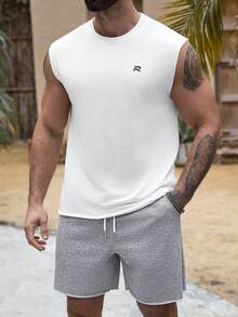 Manfinity Homme 男士圆领字母印花短袖上衣和口袋短裤休闲日常套装 - 彩色 - 查看 3