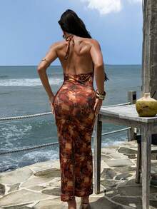 Sirith Spring/Summer Random Printed Spaghetti Strap Backless Hollow Out Design Beach Vacation Dress For Women Sexy Vacation Dress Bikini Dress - Multicolor - View 2