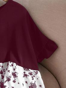 EMERY ROSE 大码休闲度假撞色碎花衬衫，休闲假日风，休闲假日穿搭，夏季时尚，女士夏季穿搭，母亲节穿搭，乡村音乐会穿搭，女士波西米亚风穿搭，女士西部风穿搭，女士假日穿搭，女士夏季服装，大码女装，商务休闲女装，女士夏季服装，大码女装，正式场合穿搭 - 酒紅色 - 查看 5