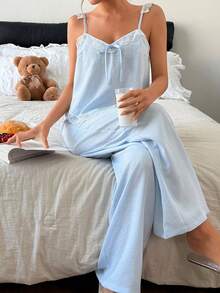 浅蓝色花卉边饰吊带背心和裤子女士睡衣套装 - 藍色 - 查看 1