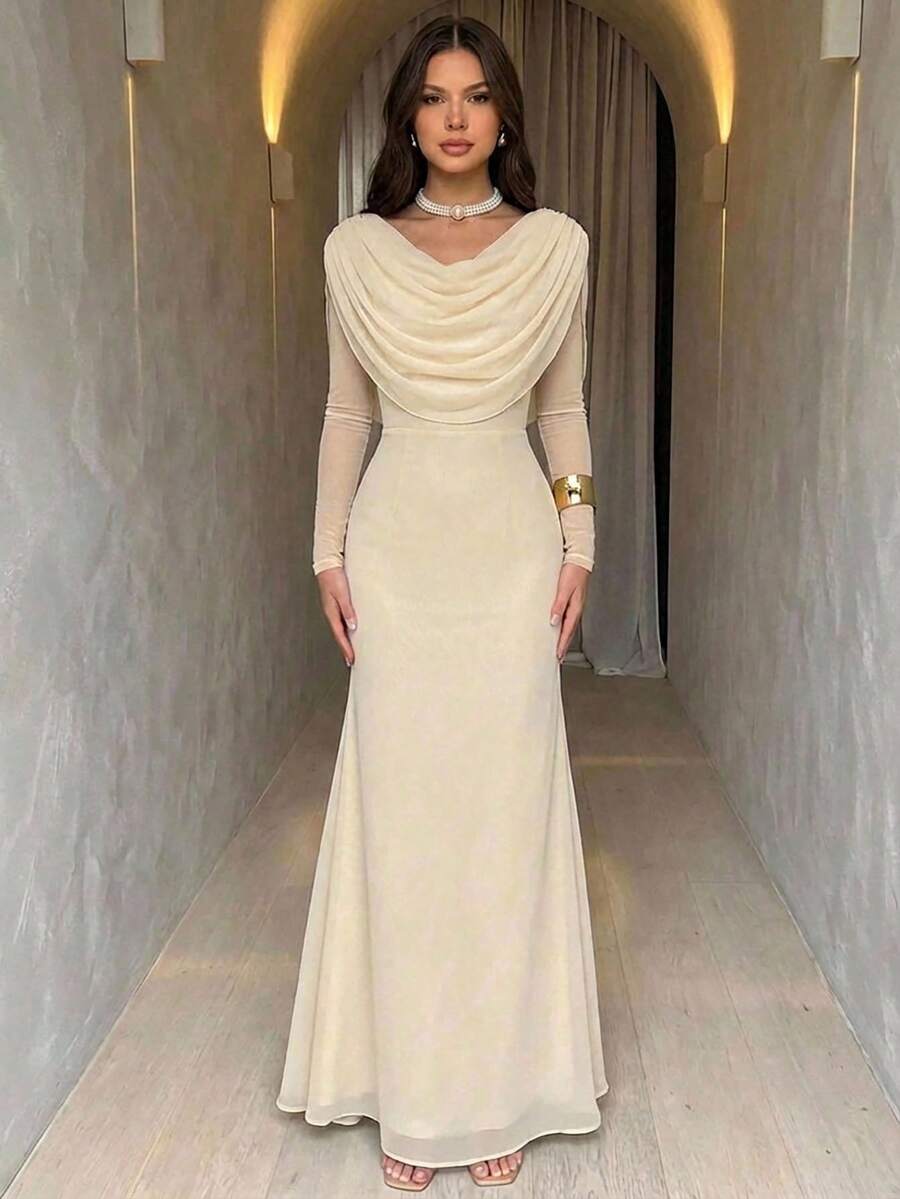 Aloruh 女士纯色褶皱长袖修身优雅连衣裙 - 杏色 - 查看 1