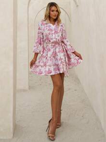 Sandy Gomes 女士时尚休闲优雅浪漫度假印花纽扣连衣裙 - 粉色 - 查看 6