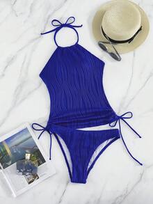 Swim Lushoire 女士纯色抽绳纹理面料吊带露背度假吊带比基尼上衣 - 藍色 - 查看 6