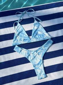 INAWLY 女士吊带系带上衣和三角裤性感两件套沙滩装 - 藍色 - 查看 4