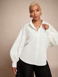 Vixey Pointed Collar Drop Shoulder Balloon Sleeve Button Up Shirt - White - View 2