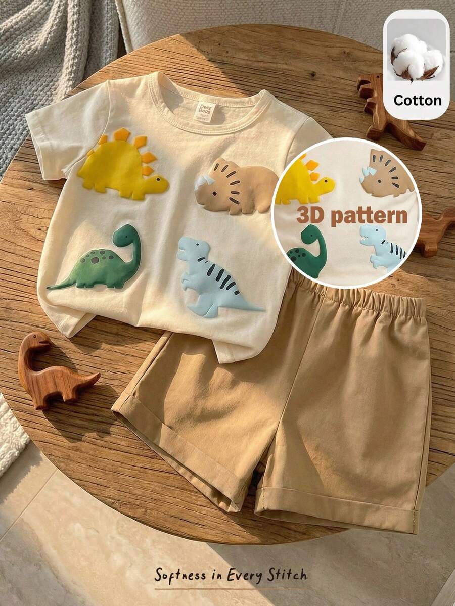 Cozy Pixies Set de 2 piezas con parte superior de manga corta de cuello redondo suave y pantalones de cintura elástica con estampado de dinosaurio de dibujos animados para bebé niño - Multicolor - Ver 1