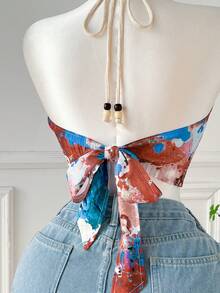 SHEIN Comfortcana Camiseta de tirantes finos asimétrica con pliegues y estampado de pintura al óleo romántica de primavera, talla grande - Azul - Ver 5