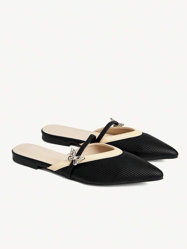 CUCCOO CHICEST Women's Hollow Butterfly Metal Buckle Strap Pointed Toe Shoes, Elegant Sweet Casual Easy Slip-On Commute Style, Black & Khaki Striped PU Leather Mules Loafers, Suitable For Afternoon Tea, Date, Elegant Outfit, Vacation, Work Wedding Shoes Summer Shoes Bride Shoes