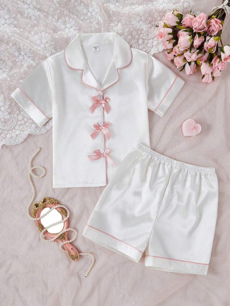 Girls Pajamas Set, Minimalist Apricot Color Ribbed Short Sleeve Cardigan With Bowknot Design, Matching Shorts, 2 Pieces Loungewear - Apricot - View 1