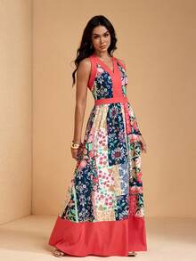 JIAN LASALA 多色印花撞色V领无袖女士夏季休闲长裙度假装 - 彩色 - 查看 5