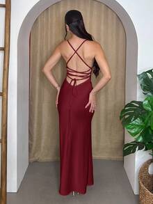 Andrea Bello Vestido de satén de sirena con escote en V profundo, tirantes de espagueti, espalda descubierta y lazo, color albaricoque y blanco. Vestido elegante para vacaciones, dama de honor, fiesta de cumpleaños, graduación, vestido blanco. - Burdeos - Ver 2