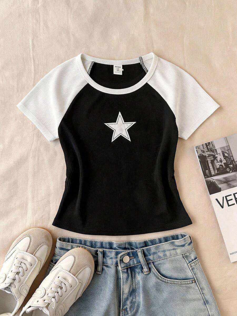 SHEIN 青少年女孩休閒簡約舒適圓領拼接對比色星星圖案T恤 - 黑與白 - 查看 1