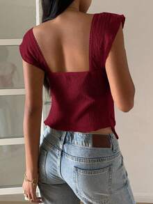 SHEIN EZwear 女士纹理针织荷叶边下摆甜心领短袖优雅T恤，锐舞上衣 - 酒紅色 - 查看 6