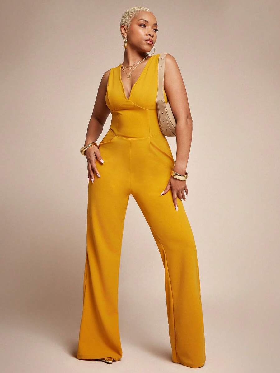 Vixey Solid Deep V Neck Pleated Flare Leg Jumpsuit - Yellow - View 1