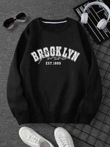 Men's Casual Round Neck Sweatshirt With Lettering Graphic For Fall And Winter, Long Sleeve Top - Black - View 1
