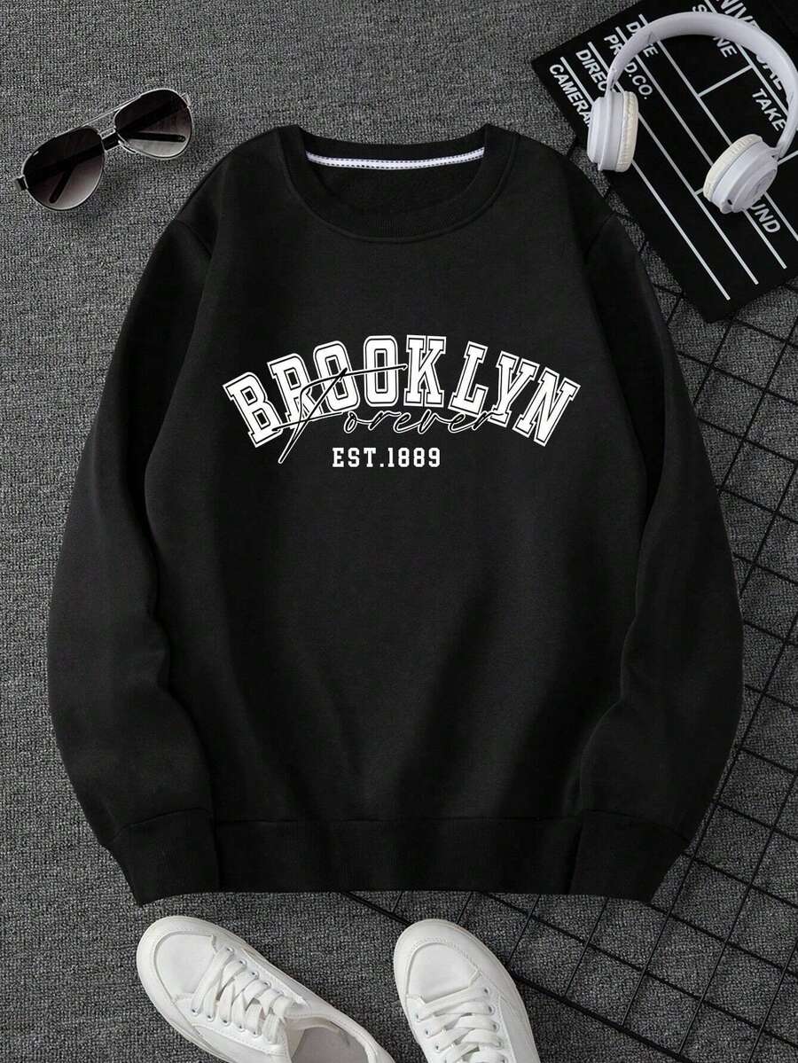 Men's Casual Round Neck Sweatshirt With Lettering Graphic For Fall And Winter, Long Sleeve Top - Black - View 1