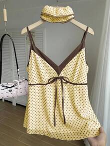 Comfortcana Plus Size Polka Dot Contrast Color Patchwork Front Tie Bow Casual Cute Camisole, Spring/Summer - Yellow - View 3