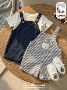 Cozy Pixies 2pcs Baby Boy Cartoon Bear Printed Bib Overalls & Shorts Set - Multicolor - View 2