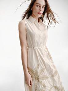 Aveloria Modichic 新款欧美时尚简约休闲度假风木珠腰带，椰树刺绣无袖连衣裙 - 杏色 - 查看 7