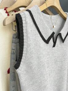 Franclia Oatmeal Grey Knit Vest,Polo Collar Contrast Trim Half-Button Slim Fit Soft Ribbed Sweater For Autumn,Casual School Back-To-School Layering Piece - Light Grey - View 6