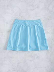 Swim Lushoire Conjunto de praia feminino de cor sólida com fenda lateral, elegante modelo shorts-saia. - Baby Azul - Ver 5