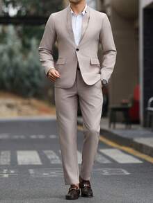 Manfinity Mode Set de costum casual pentru bărbați, cu mânecă lungă și un singur nasture, culoare solidă, jachetă și pantaloni - Moca Brown - Vizualizare 5
