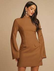 Silquee 女士休闲纯色喇叭袖连衣裙，秋季 - 咖啡棕 - 查看 1