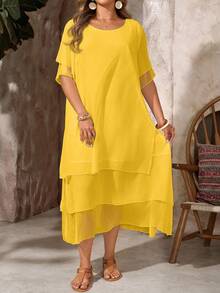 EMERY ROSE Plus Size Casual Dress, White Round Neck Unbutton Asymmetrical Flowy Hem, Bohemian Style, Suitable For Spring & Summer - Pale Yellow - View 1