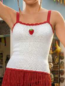 CAJUNI Women's Strawberry Decor Hollow Out Knit Camisole Top - White - View 5
