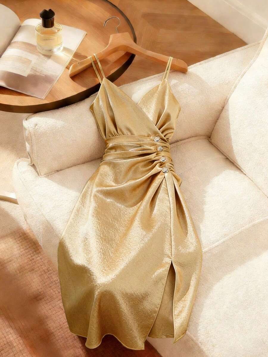 Franclia 女士奢华金色吊带裙，适合派对穿着 - 香檳色 - 查看 1