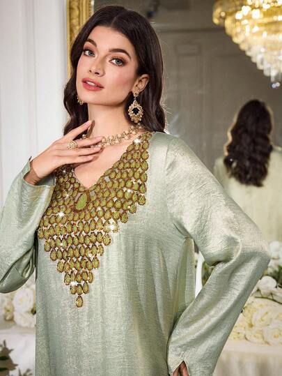 Al Najma Women's V-Neck Casual Loose Dress, Suitable For Casual Gatherings, Parties, And Outings