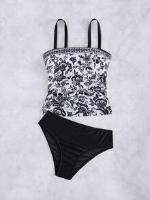 Swim Lushoire 女士优雅吊带印花比基尼上衣，波西米亚风格，适合夏季海滩度假 - 黑色 - 查看 8