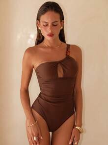 Swim Chiccia Women's Solid Color Ruched One-Piece Swimsuit,Coffee Brown Elegant Summer Vacation Outfits,Holiday Beach Pool Party Beachwear For Women - Brown - View 3