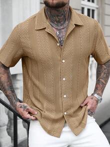 Manfinity CasualCool Men's Solid Color Knitted Textured Hollow-Out Design Jacquard Casual Short Sleeve Shirt - Khaki - View 7