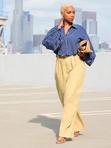 Vixey High Waist Pleated Barrel Leg Office Pants - Yellow - View 3