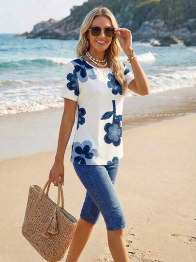 Sylviya 2pcs Women Summer Casual Floral Print Short Sleeve T-Shirt And Pants Set,Casual