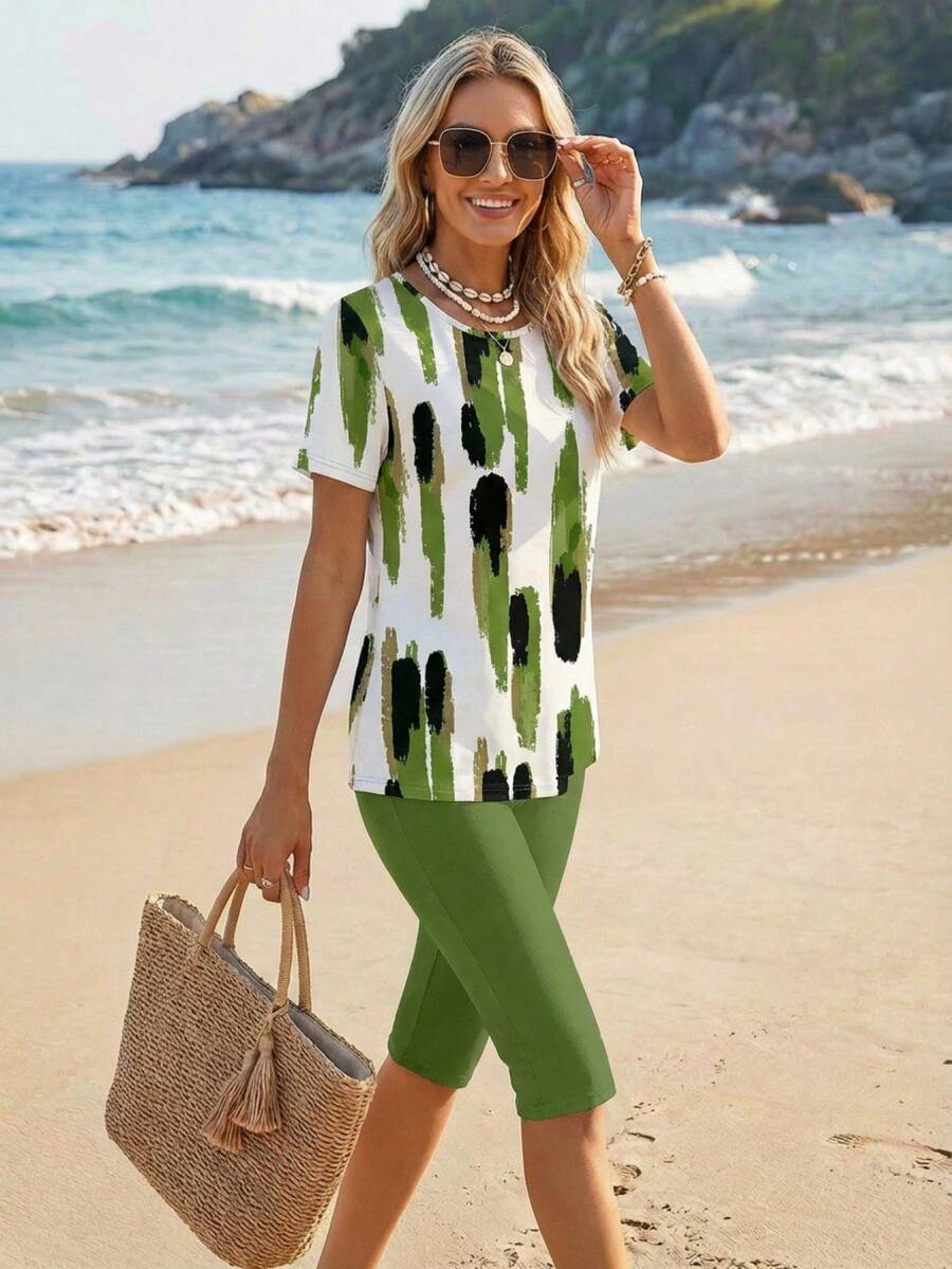 Sylviya 2件套女士休闲简约抽象图案套装，适合夏季休闲穿着 - 彩色 - 查看 1