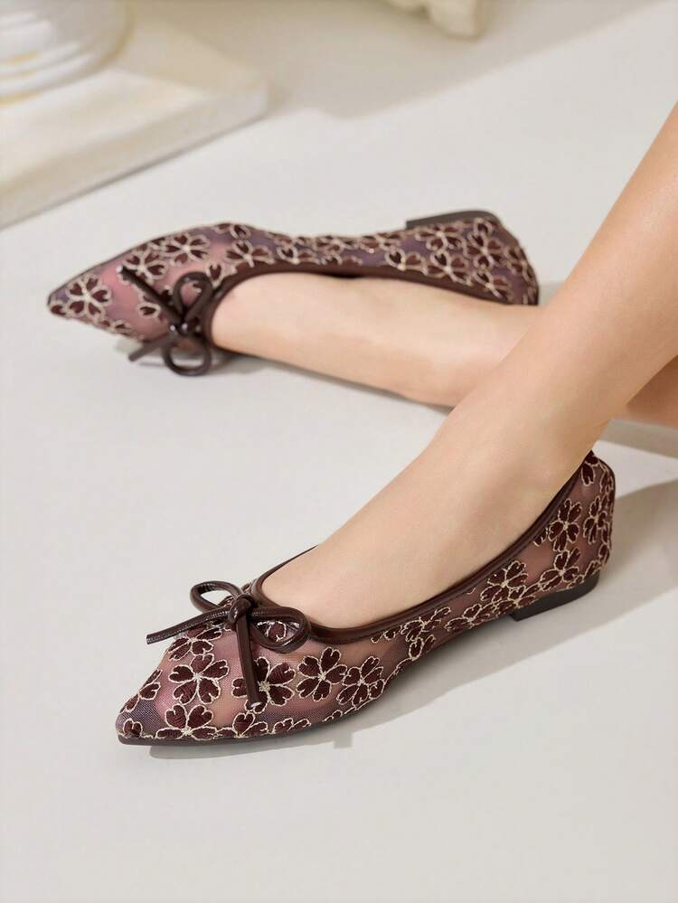 CUCCOO CHICEST Pointed Toe Mesh Breathable Bow Lace Ballet Shoes, Elegant Lady Versatile Flat Shoes In Coffee Color Wedding Shoes Spring Shoes Bride Shoes