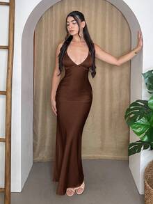 Andrea Bello 长款缎面 V 领露背系带连衣裙，杏色/白色，优雅度假连衣裙，伴娘礼服，生日派对礼服，毕业礼服，春夏季 - 咖啡棕 - 查看 3