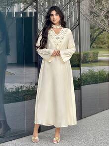 Yasmyna Women's V-Neck Casual Loose Dress, Suitable For Casual Gatherings, Parties And Outings - Apricot - View 3