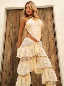 Y2k 女士 V 字腰带西部派对层叠荷叶边蕾丝低腰长裤 - 米色 - 查看 6