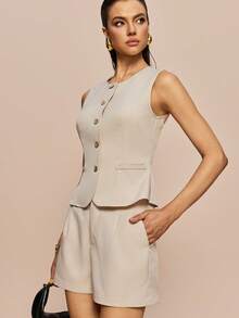 SHEIN 女款夏季優雅淺米色兩件套 無袖開襟鈕扣背心與長褲套裝 專業辦公服裝 高雅度假穿搭 - 卡其色 - 查看 3