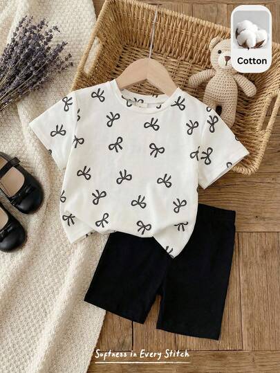 Cozy Pixies 2pcs Baby Girl Bow Knit Soft Round Neck Short Sleeve Top And Elastic Waist Shorts Set